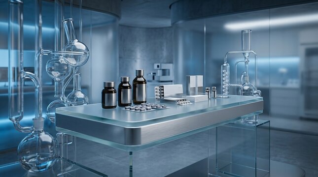 Modern laboratory research science equipment and bottles on table