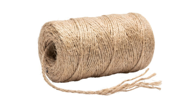 A single spool of natural brown jute twine rope isolated on transparent background