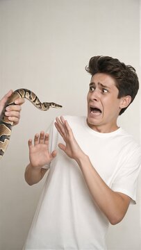 Terrified man reacting with fear at snake being held near him. Ophidiophobia concept showing boy in panic. Psychology and mental health struggle with animal phobia against reptile.