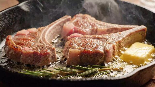 Basting Sizzling Lamb Chops with Butter and Rosemary in Cast Iron Skillet