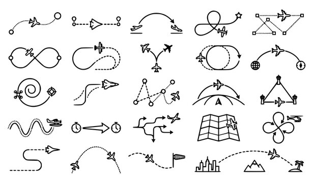 Airplane Flight Itinerary Dotted Route Line Art Vector Collection