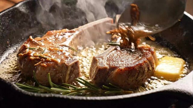 Basting Sizzling Lamb Chops with Butter and Rosemary in Cast Iron Skillet