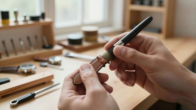 A skilled artisan carefully polishes a leather watch strap with a brush in a well-lit workshop filled with tools and precision instruments.