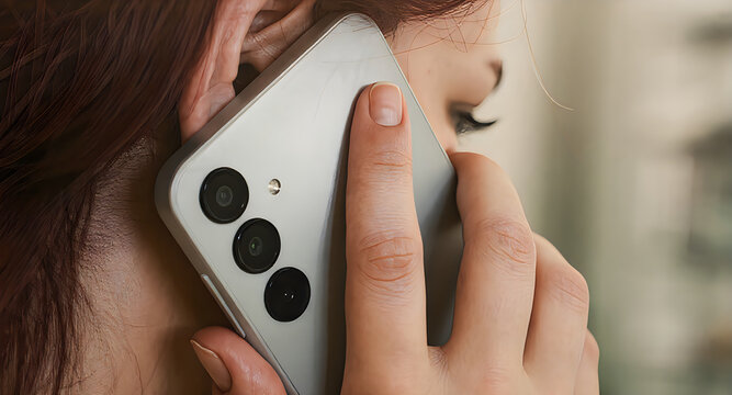 Woman holding light smartphone near ear for conversation while wearing casual clothing indoors daily.