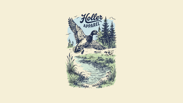 Hand-drawn vintage style illustration of a wild mallard duck in flight over a wetland marsh with cattails, pine forest trees, and hunting dogs in a nature scene for outdoor apparel.