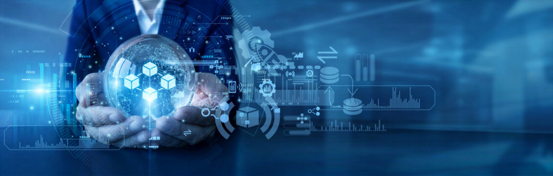Cryptocurrency coder hold global and Blockchain security network decentralizing virtual financials worldwide ensuring ledger data verifications. Modern digital strategy advancing smart contracts.
