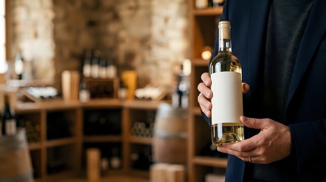 Sommelier or wine professional holding white wine bottle with blank label in rustic winery tasting room for wine business marketing.