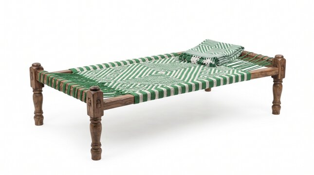 Traditional wooden charpai with green woven pattern, rustic South Asian daybed on white background, ethnic handmade furniture for home decor