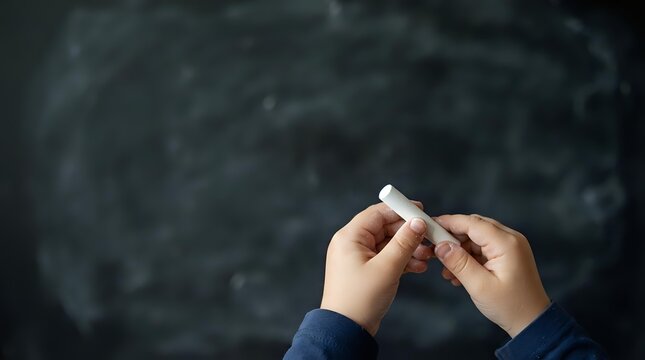 Young child with light skin tone holding a broken white chalk piece against a dark chalkboard background, representing education, learning difficulties, or academic challenges.