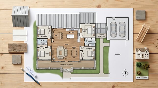 Architectural house floor plan with material samples and miniatures