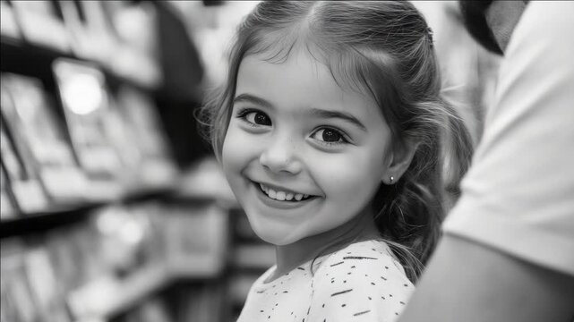 A young child is smiling and has her hair pulled back. She is wearing a light-colored top with dark polka dots.