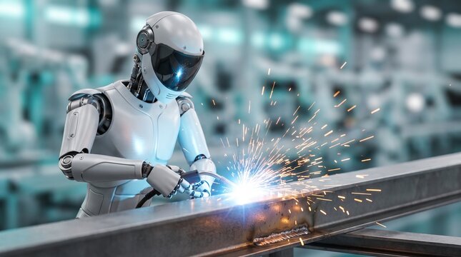 Futuristic Humanoid Robot Welding Metal In Modern Manufacturing Plant