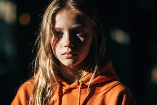 Young blond girl looks forward with serious expression. Dramatic lighting creates shadows on her face. She wears orange hoodie in dark setting. Moody portrait of child with intense gaze, natural hair.