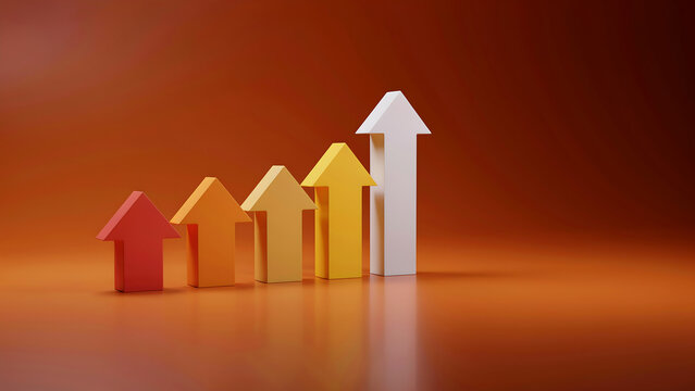 Five colorful arrows in ascending height order representing growth and progress with progress business increase performance marketing strategy improvement development achievement statistics
