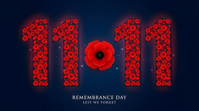 A commemorative remembrance day graphic featuring the date eleven eleven with a red poppy flower symbol on a dark blue background design
