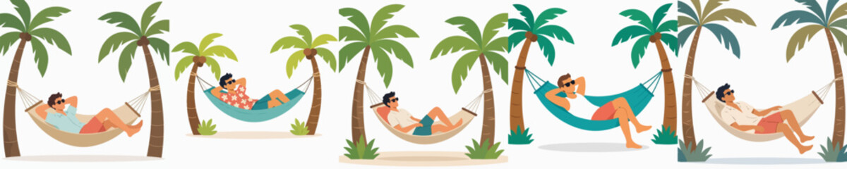Obraz premium Flat vector illustration of a man sleeping in a beach hammock in summer