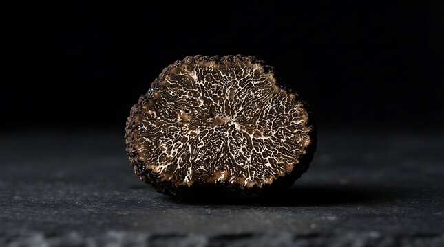 Cross section of a fresh black truffle on a dark slate background