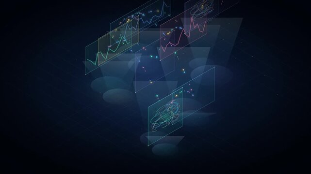 Dynamic Animation Of An Isometric Data Dashboard Displaying Graphs And Charts On A Dark Blue Grid Background