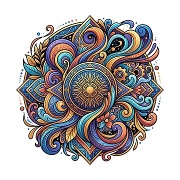 Ornate colorful mandala with sun and industrial gears