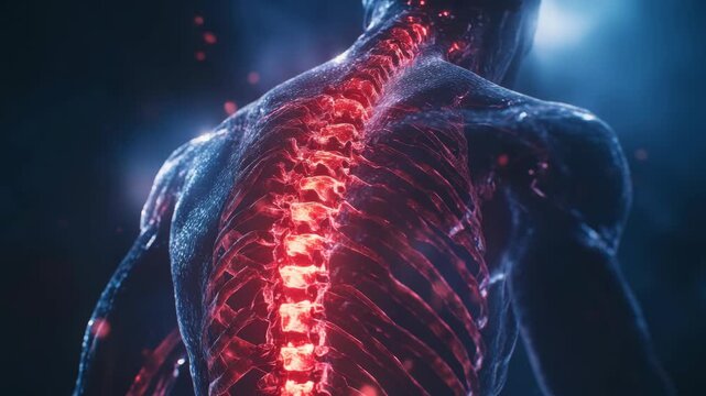 A detailed computer-generated of a humanoid character with glowing muscles and a red spinal cord.