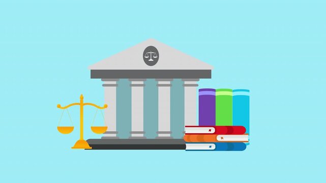 Classical Courthouse Illustration with Justice Scales and Colorful Law Books for Legal Education and Judiciary Concepts