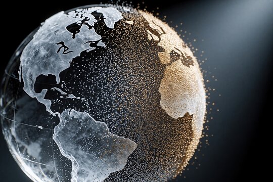 Crystal globe disintegrates into tiny particles. Abstract planet forms from shimmering dust. Global transformation or climate crisis concept art with light and shadow.