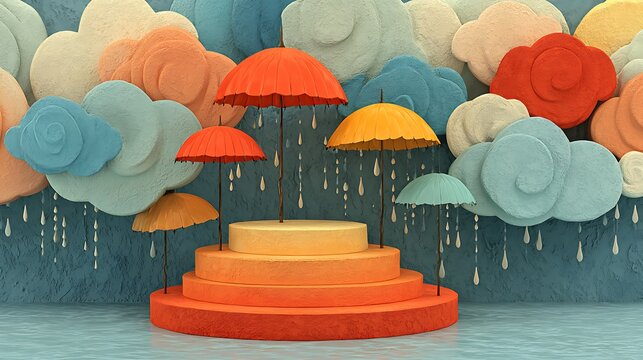 Colorful Cartoon Clouds and Umbrellas with Raindrops Keywords: cartoon, clouds, umbrellas, rain