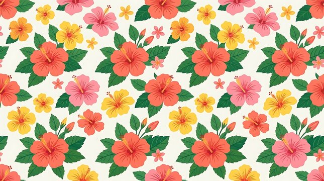 Tropical hibiscus floral seamless pattern on cream background
