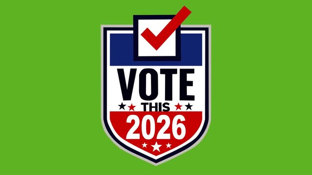 Animated voting badge featuring a strong ballot checkmark, Vote This 2026 typography, patriotic colors, and a green background, ideal for election campaigns, civic media
