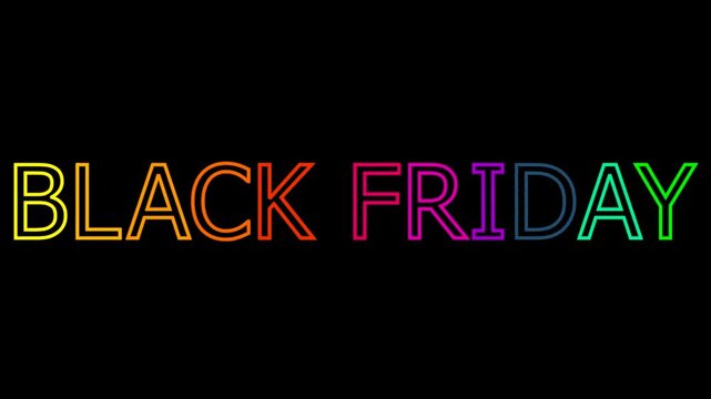 Black Friday 4K loop: vibrant neon rainbow kinetic typography animation with echo trail and flickering neon effect on black background. Horizontal video.