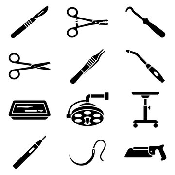 Surgical Instruments & Operating Room Equipment Set - Scalpel, Surgical Scissors, Surgical Light, Needle Holder Sutures, Bone Saw Vector Glyph Icon Set