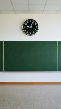 Empty classroom interior with a large green chalkboard and a prominent black wall clock displaying the time, featuring clean white walls, a tiled ceiling, and a simple floor, ideal for