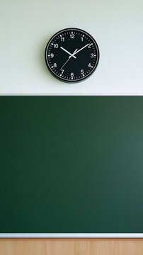A modern black analog wall clock with white hands and numbers on a bright textured white wall, precisely positioned above a spacious green chalkboard and natural wood paneling, ideal for