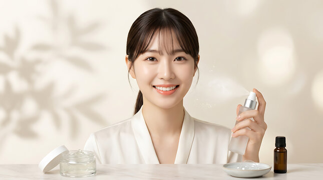 Young woman applying skincare product in a serene setting highlighting beauty and skincare routine