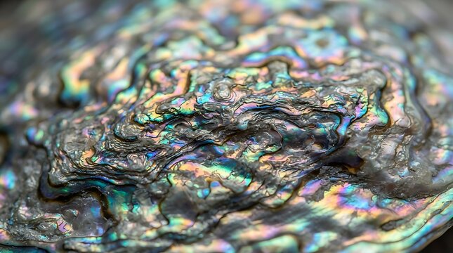 Macro closeup of iridescent abalone shell texture with vibrant colors