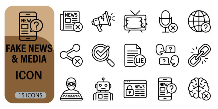 Fake news and media icon set, 15 line icons for misinformation and propaganda. Digital disinformation and social media manipulation vector graphics.