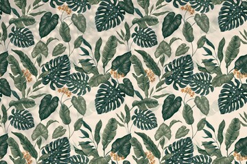 Obraz premium Seamless pattern featuring dark green monstera leaves, tropical palm foliage, and small yellow flowers on a light beige textured background