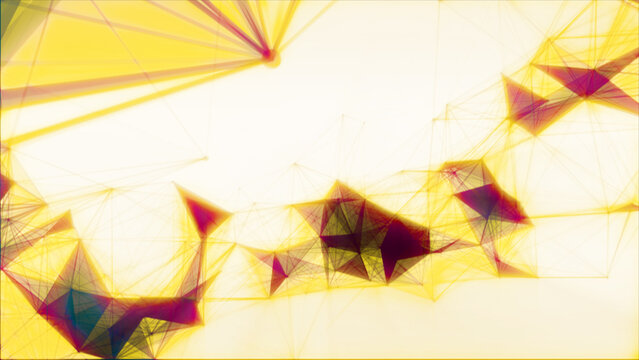 Abstract geometric network of yellow and red lines and glowing polygons on white. Futuristic plexus background representing connectivity and data transfer.