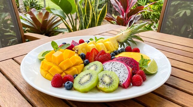 Fresh tropical fruit platter with mango, pineapple, kiwi, and berries