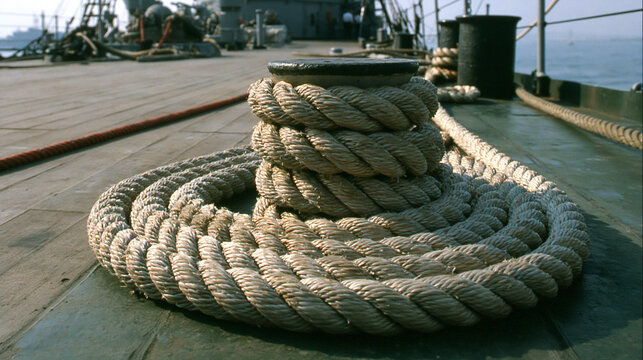 A thick nautical mooring rope coiled around a deck cleat on a ship. Marine transportation and logistics industry.