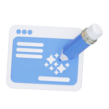 3D rendering of pencil and window icon for AI text generator writing tool