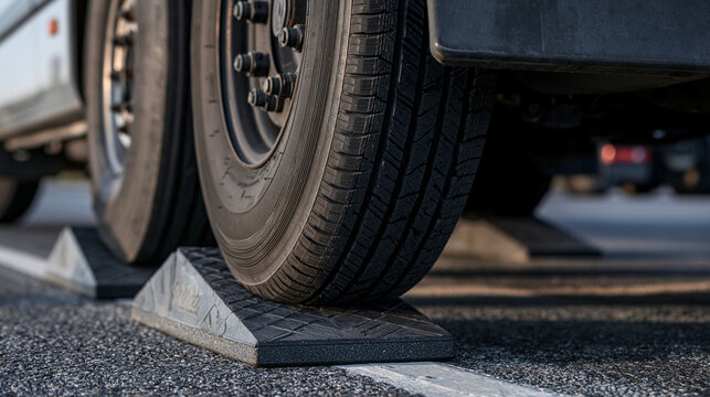 A heavy truck tire rests on a rubber wheel chock for stability. Vehicle safety equipment concept for maintenance.