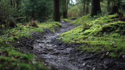 Fototapeta premium Muddy forest trail winding through mossy woodland on overcast day