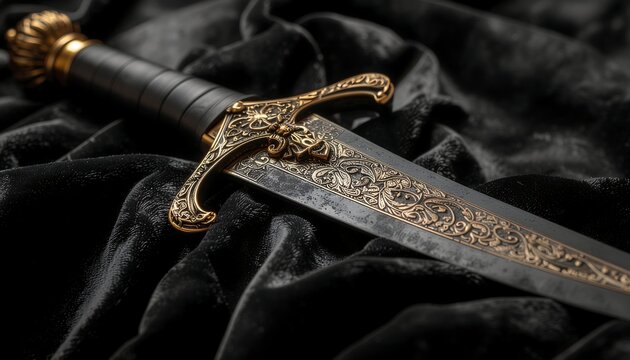 Antique ornate black dagger with gold filigree resting on dark luxury velvet