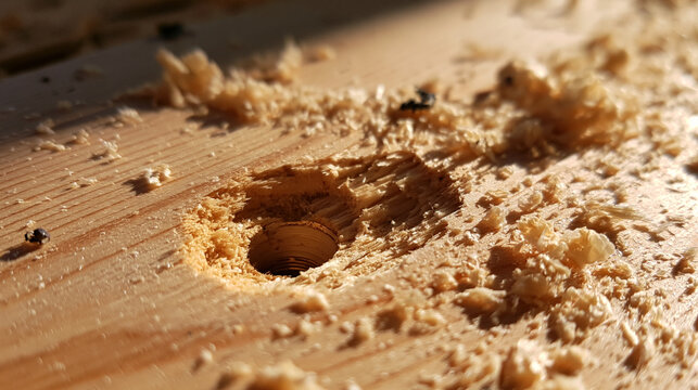 A circular hole drilled into raw wooden board with scattered sawdust. Represents construction work and DIY home repair.