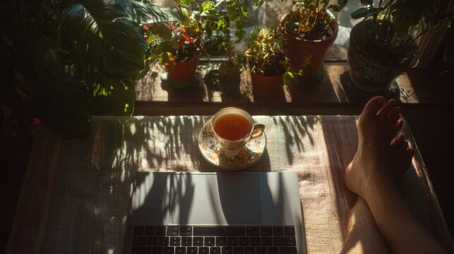 Cozy morning with tea and laptop by the window with plants