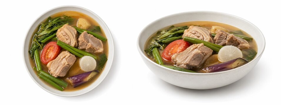 Filipino pork sinigang, traditional sour tamarind soup with vegetables, top and side view collage isolated on white background