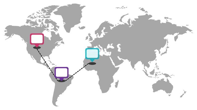 World Map Animation with Colorful Location Pins and Connecting Journey Timeline