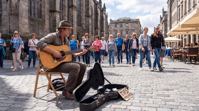 Street Performer Playing Acoustic Guitar in Historical City Center with Crowds