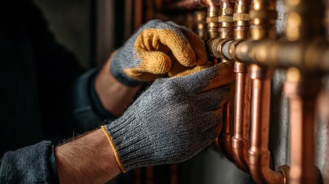 Plumber hands in work gloves installing copper pipes and brass fittings